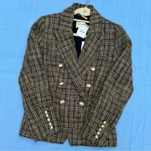 yellow and black plaid blazer with gold buttons